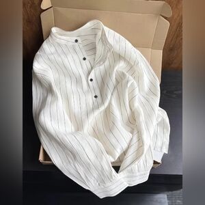 *COMING MARCH 6TH* Elegant White Linen Striped Men's Button Down Shirt